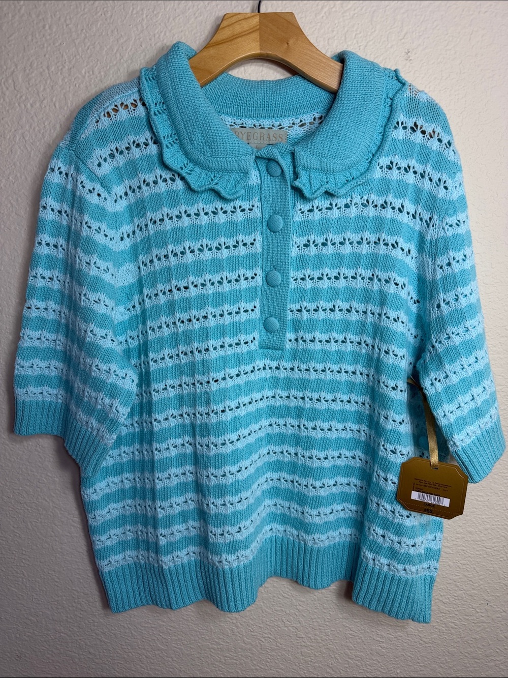 NWT Ryegrass Striped Knit Polo Sweater Large Blue Pointelle Peter Pan Collar